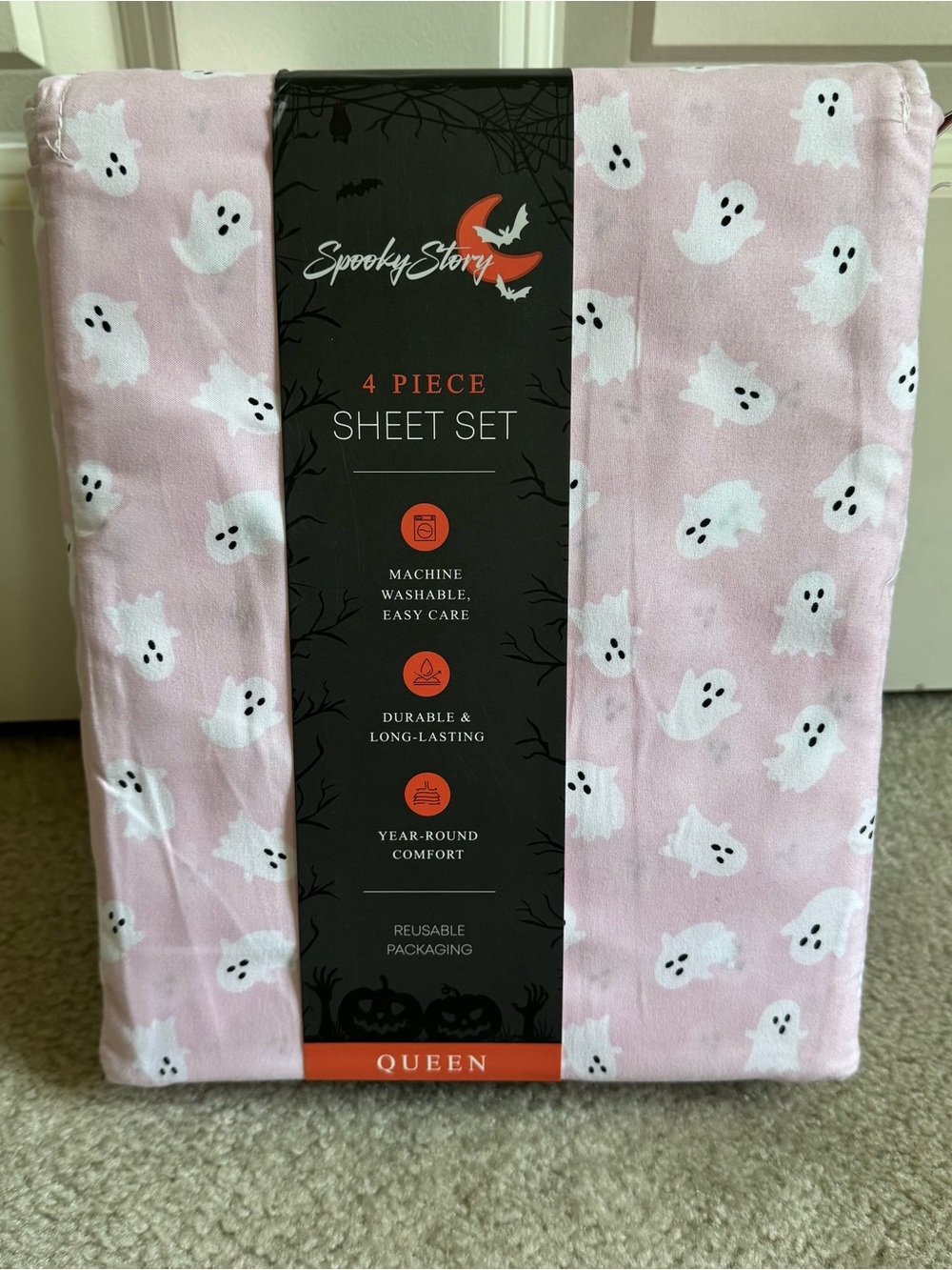 Spooky Story Queen 4-Piece Bed Sheet Set Pink Ghost Halloween Print New Bedding
